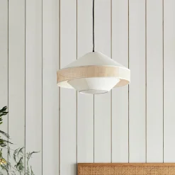 Abat-jour en lin et cannage D50cm - blanc