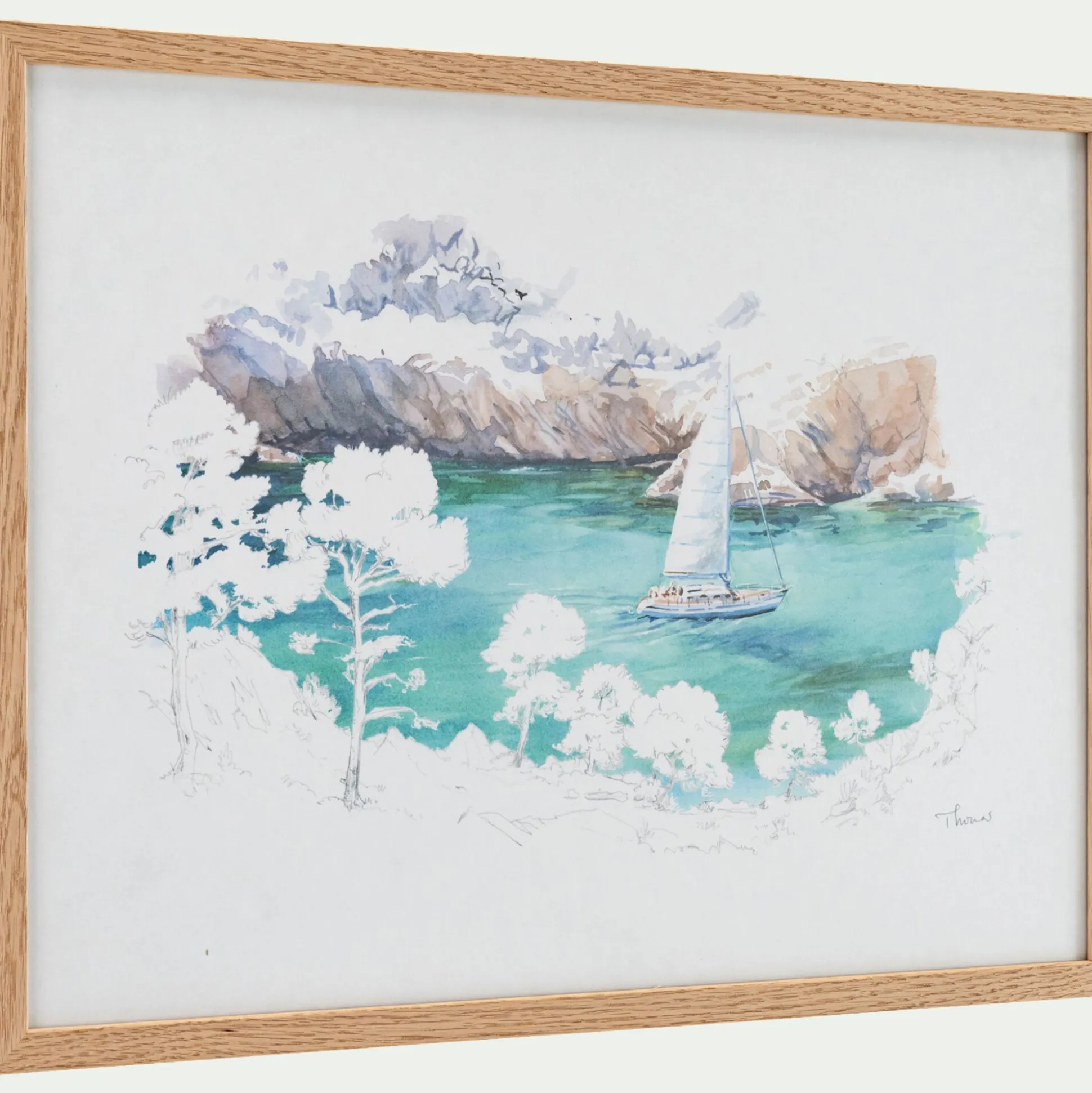 Aquarelle encadrée bateau 38x53cm - bleu