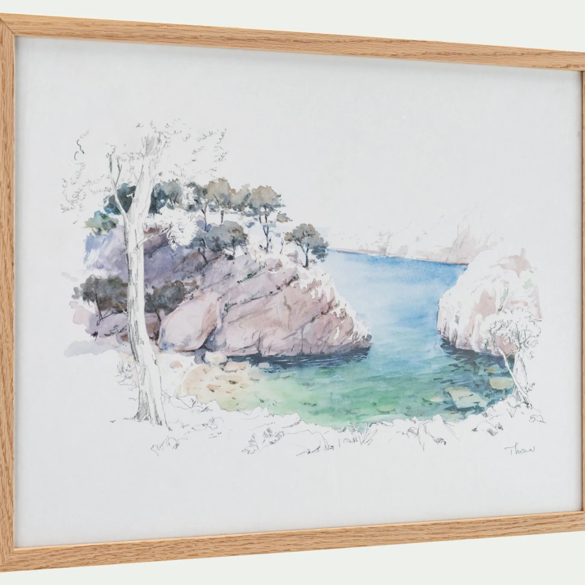 Aquarelle encadrée crique 38x53cm - bleu
