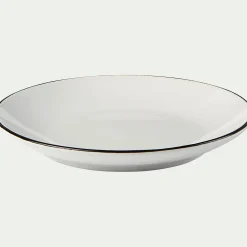 Assiette à dessert en grès avec liserai noir D19,2cm - blanc