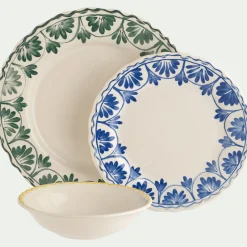 Assiette à dessert en grès D22,5cm à motif floral - bleu