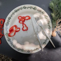 Assiette plate avec motif houx en grès D28cm - blanc