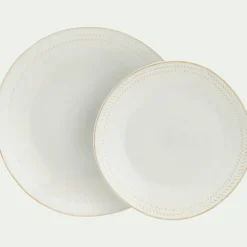 Assiette plate en grès avec liseré beige D28cm - blanc ventoux