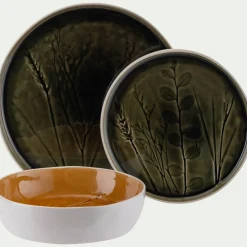 Assiette plate impressions végétales en grès D26cm - vert avocado
