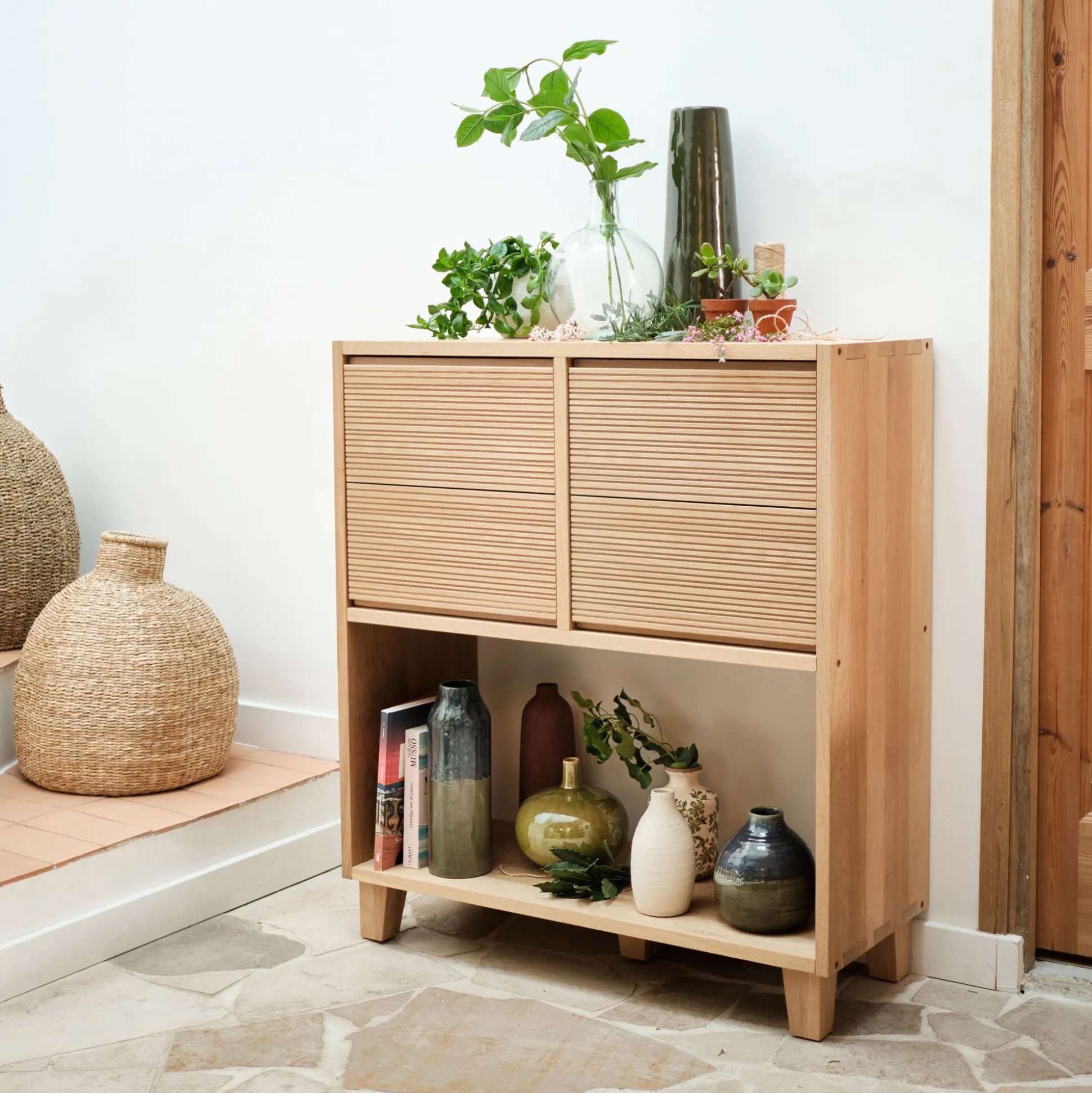 Bloc de 2 tiroirs en chêne strié L40cm - bois clair