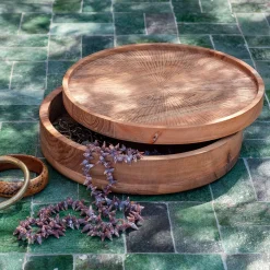 Boîte déco ronde en acacia D25xH7cm - bois foncé