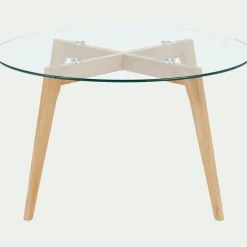 Bout de canapé en verre et bois d'hévéa - transparent D80xH45cm