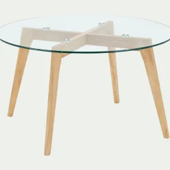 Bout de canapé en verre et bois d'hévéa - transparent D80xH45cm