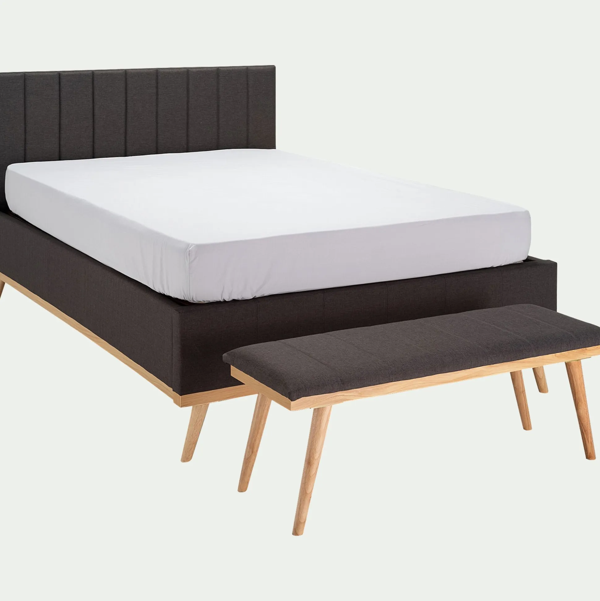 Bout de lit en tissu et pin L116xl40xH43cm - gris anthracite