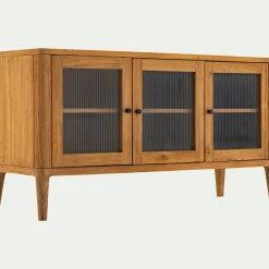 Buffet bas en teck recyclé et portes vitrées - bois clair