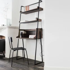 Bureau plaqué noyer et métal noir avec 2 tablettes L80cm - bois foncé