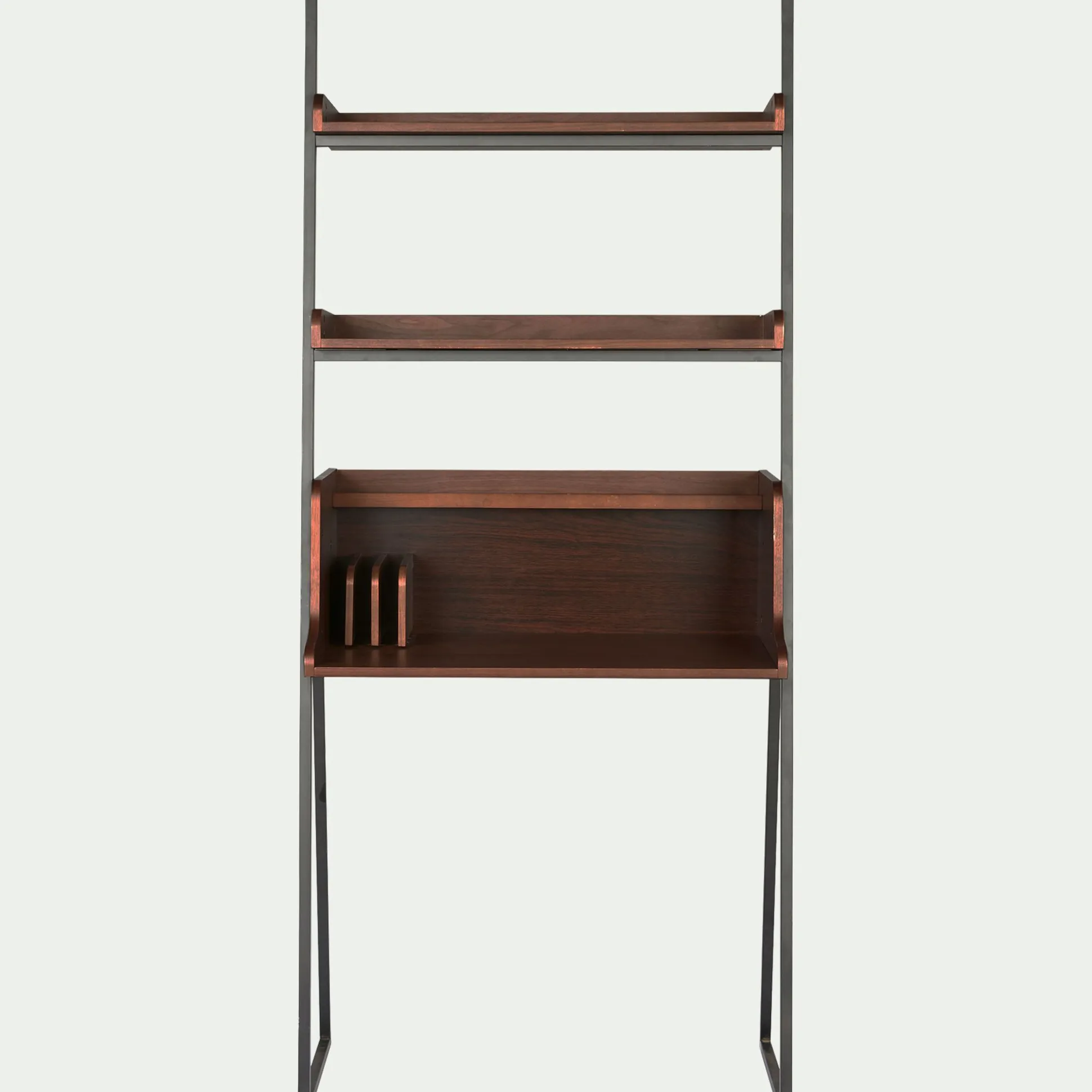 Bureau plaqué noyer et métal noir avec 2 tablettes L80cm - bois foncé