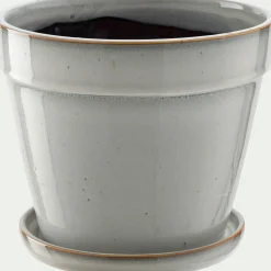 Cache-pot et sa coupelle en céramique D23cm - blanc cassé