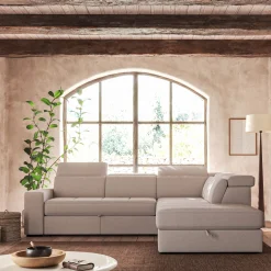 Canapé d'angle droit convertible avec coffre en tissu doux - beige