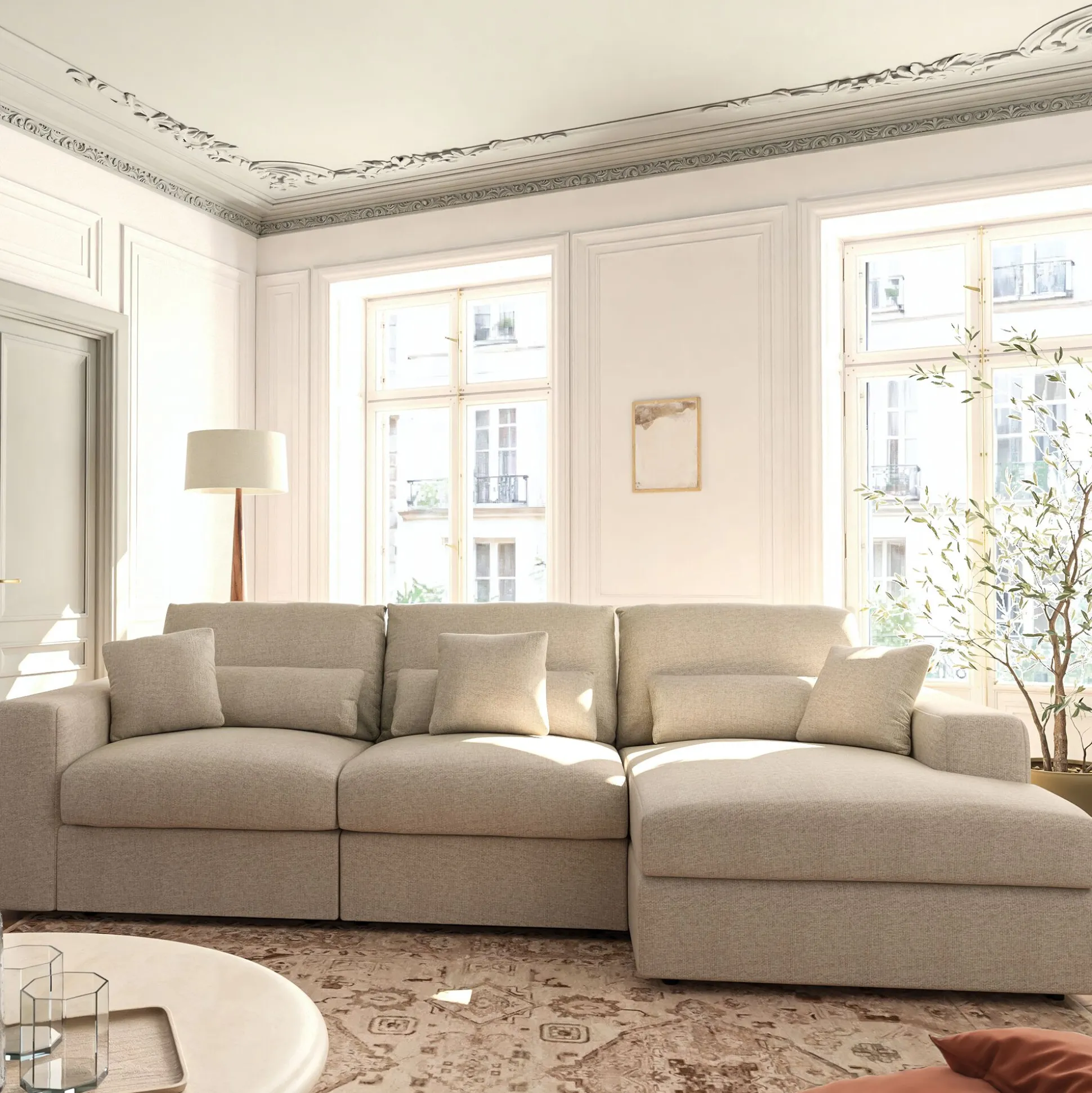 Canapé d'angle droit fixe en chenille - beige roucas