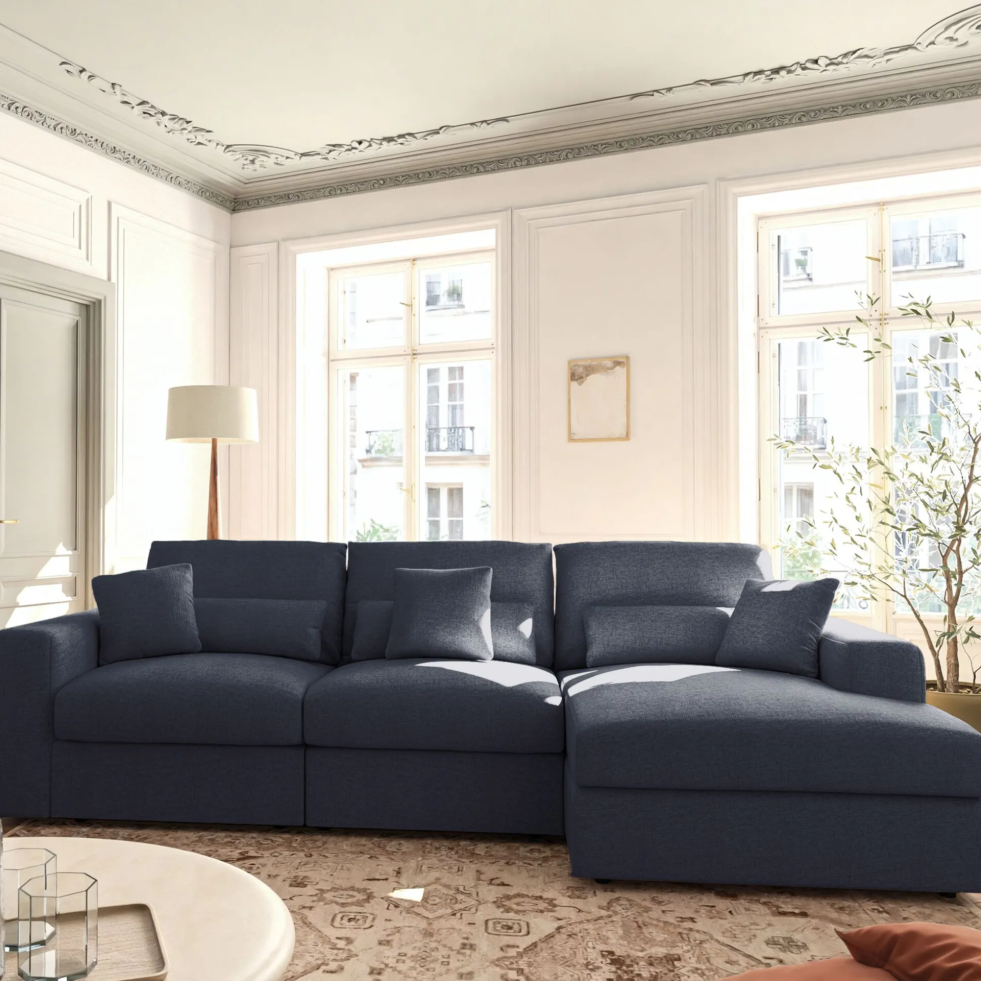 Canapé d'angle droit fixe en chenille - bleu marine