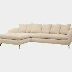 Canapé d'angle gauche convertible en tissu doux tramé - blanc écru