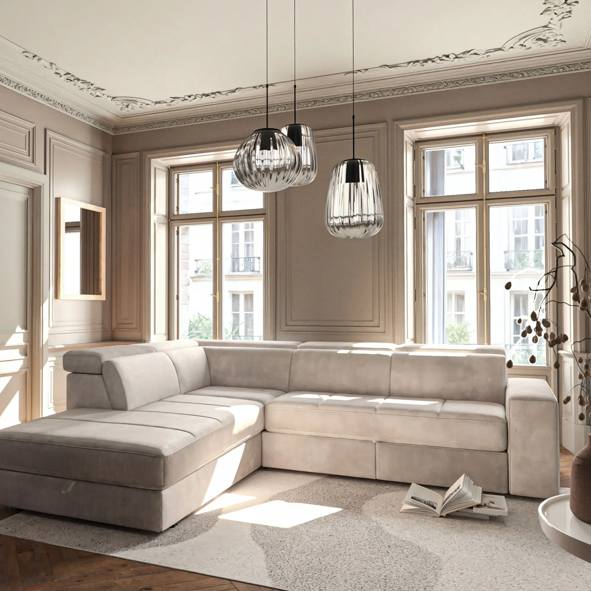Canapé d'angle gauche convertible avec coffre en tissu doux - beige