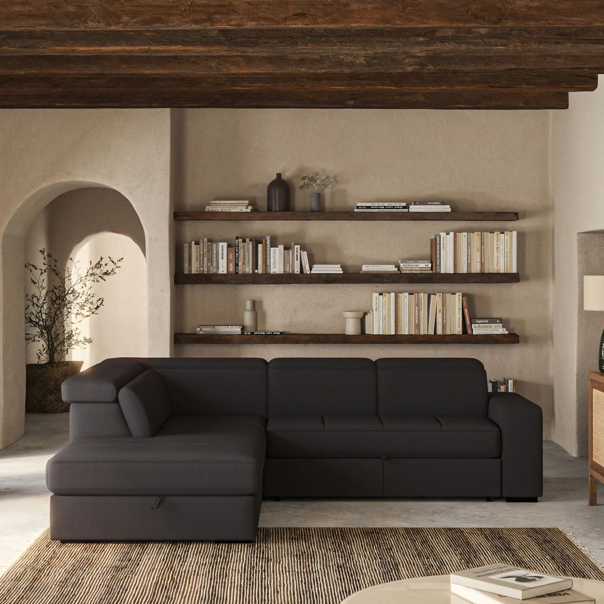 Canapé d'angle gauche convertible avec coffre en tissu doux - gris ardoise