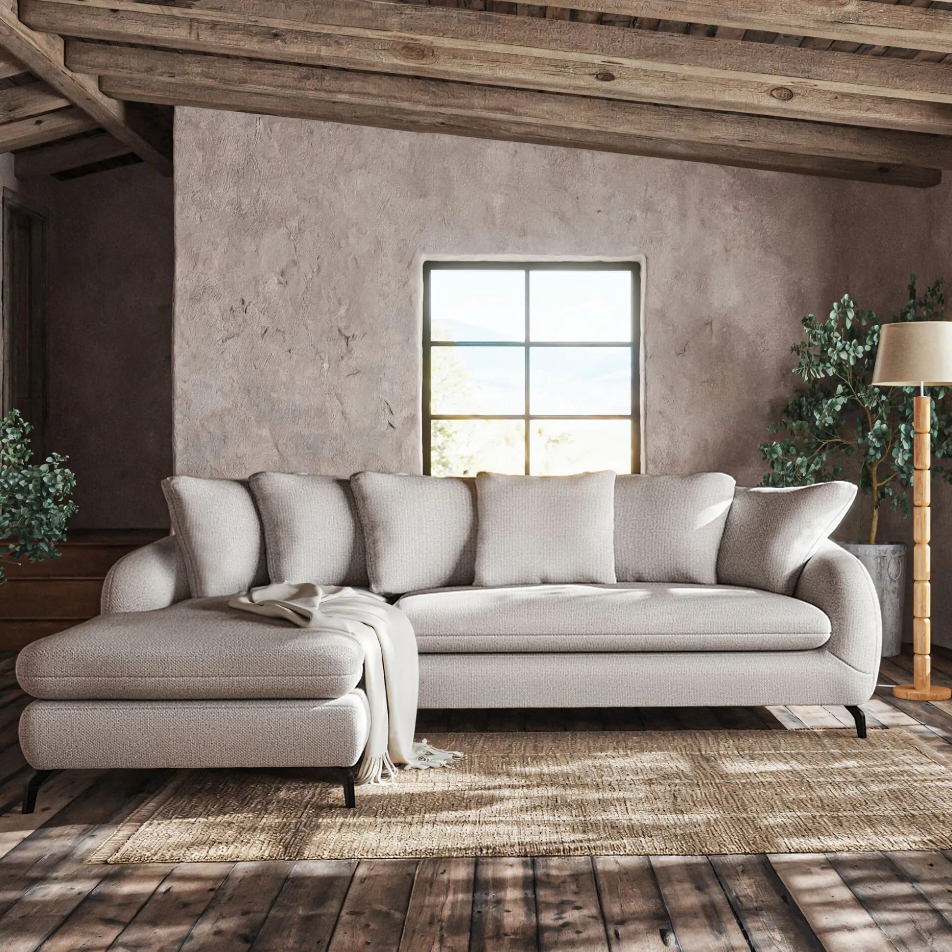 Canapé d'angle gauche fixe en tissu tramé - beige roucas