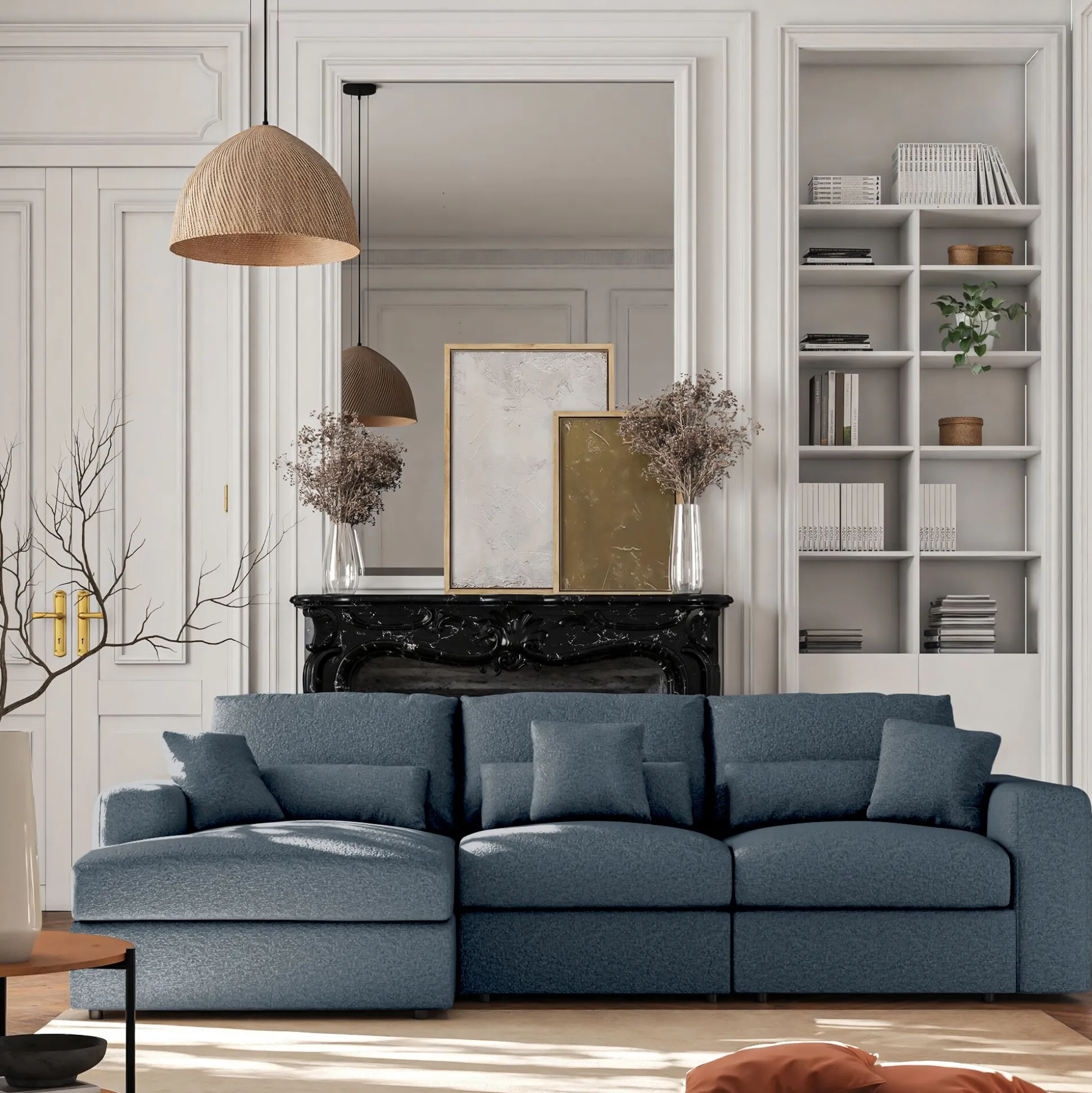 Canapé d'angle gauche fixe en tissu bouclette dasco - bleu