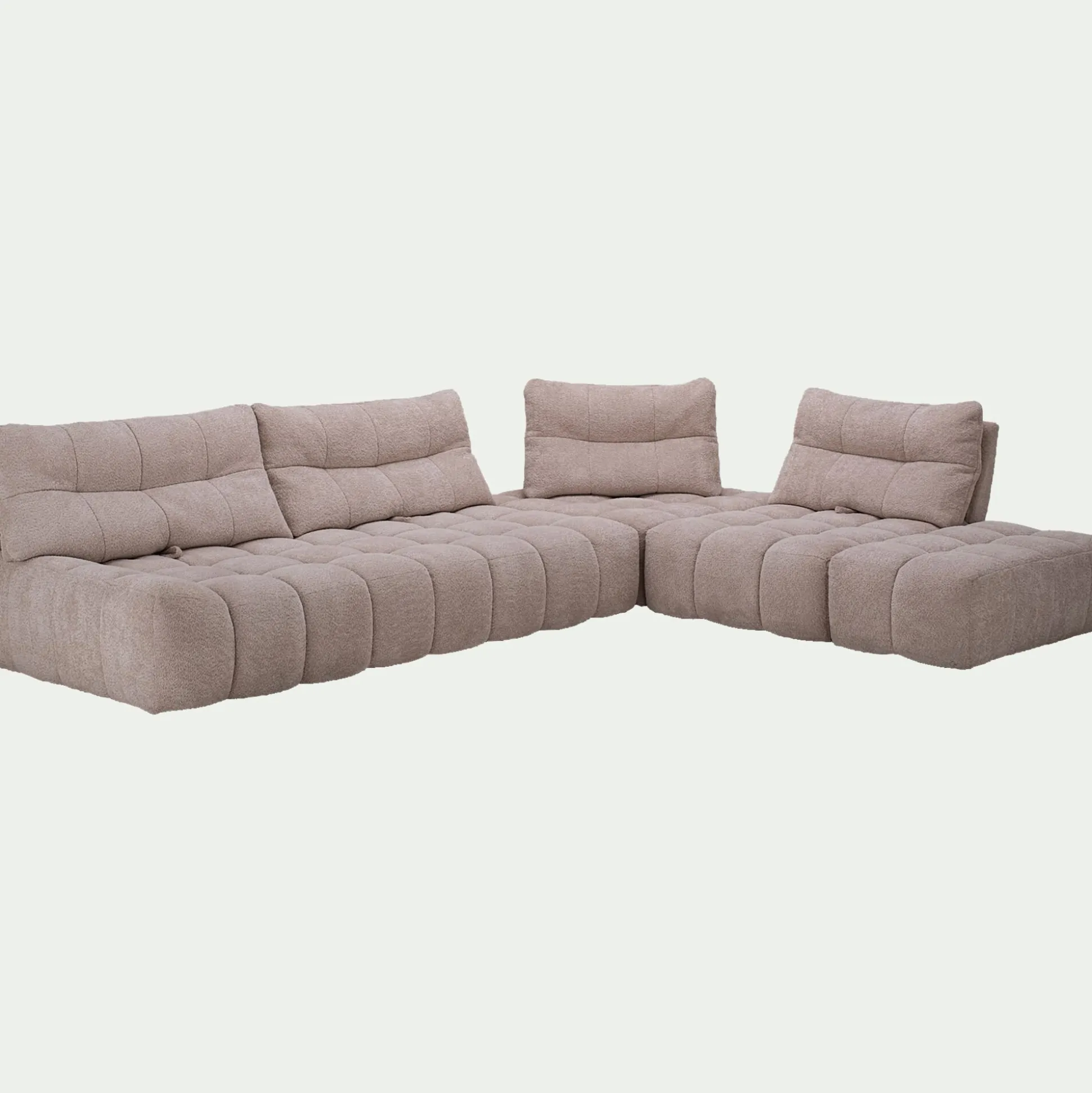 Canapé d'angle modulable avec chauffeuse et pouf en tissu campo- beige