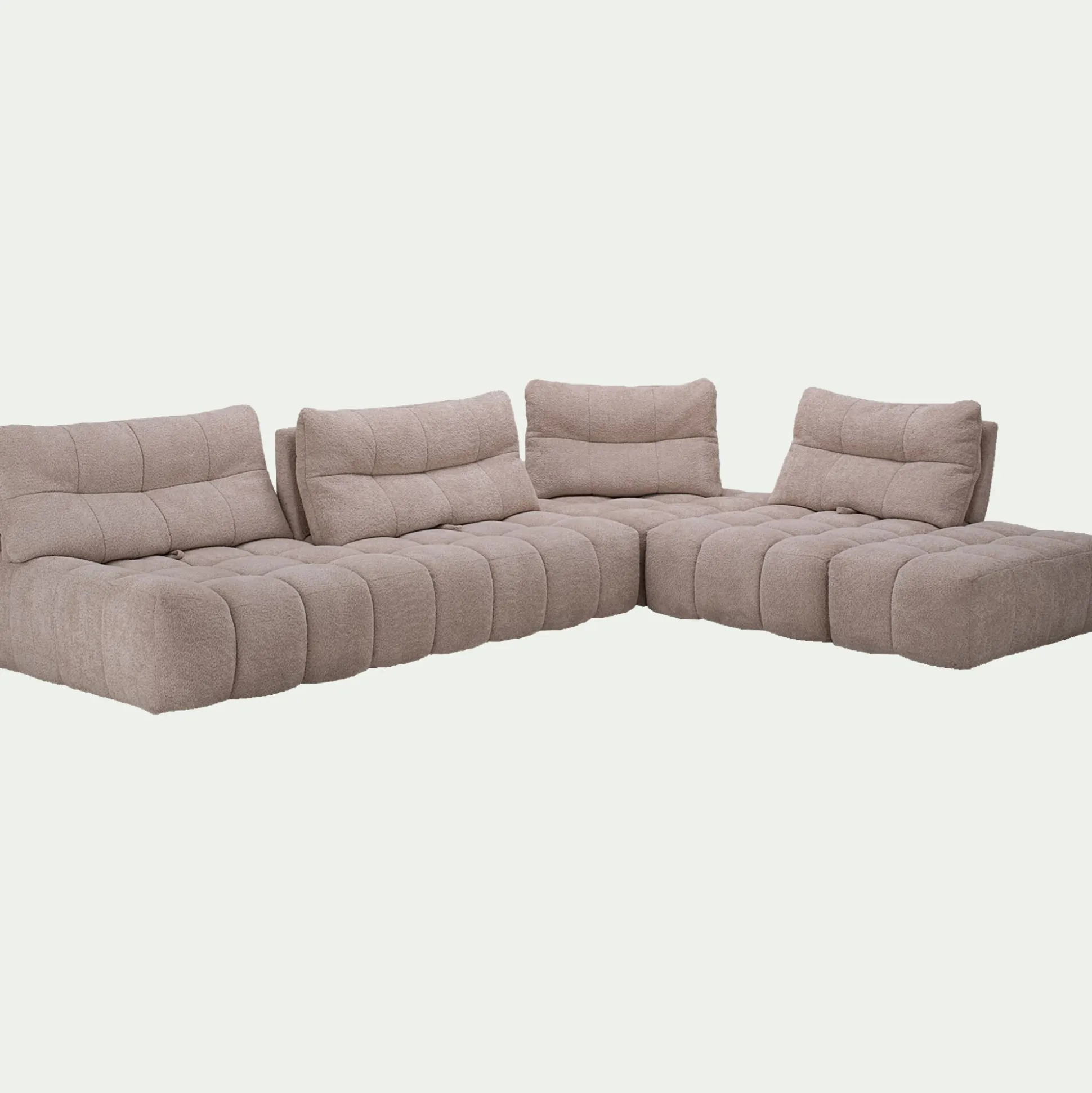 Canapé d'angle modulable avec chauffeuse et pouf en tissu campo- beige