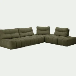 Canapé d'angle modulable avec chauffeuse et pouf en tissu campo- vert cèdre