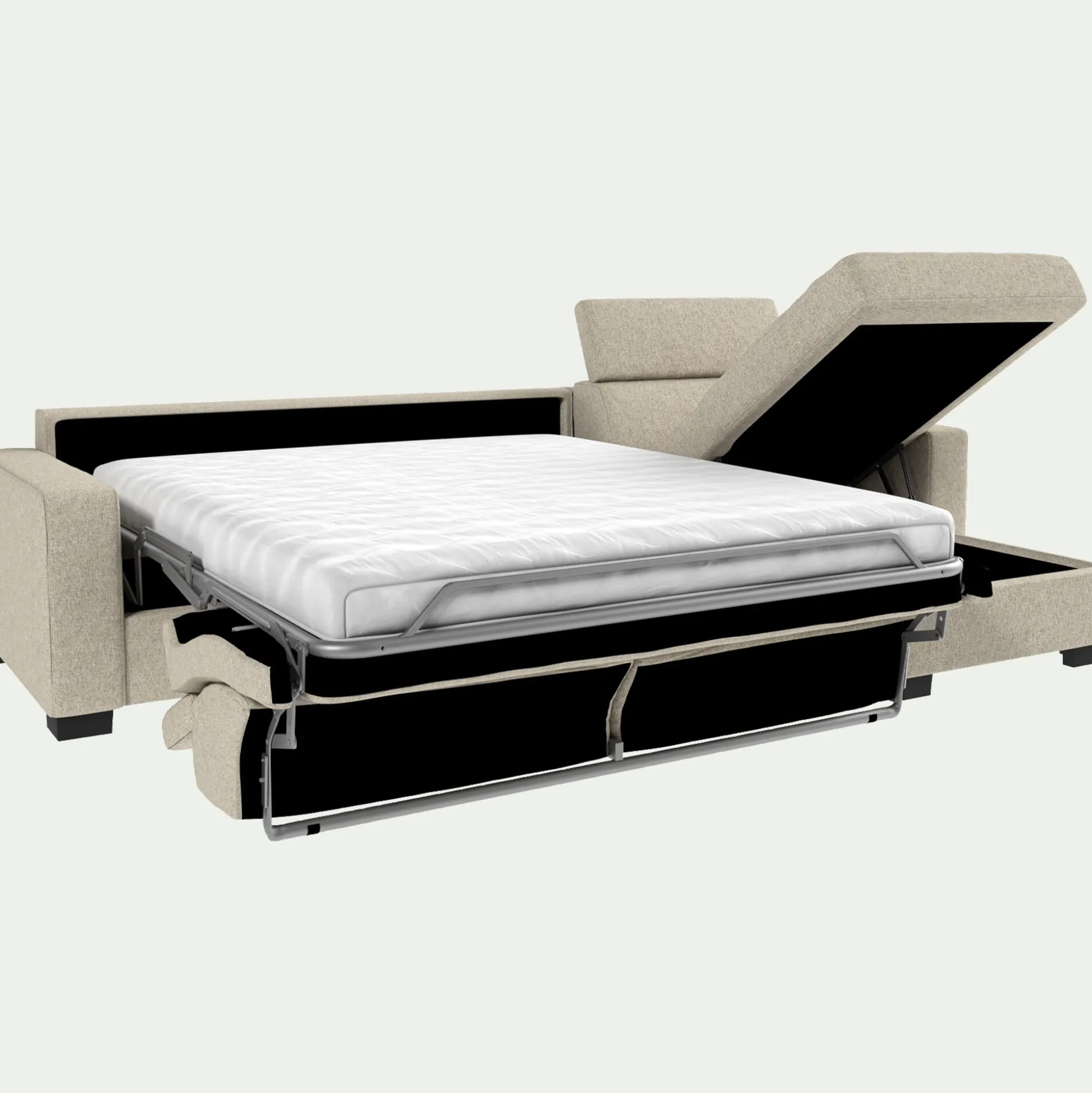 Canapé d'angle réversible convertible matelas Bultex en tissus pop avec accoudoirs 20cm - beige