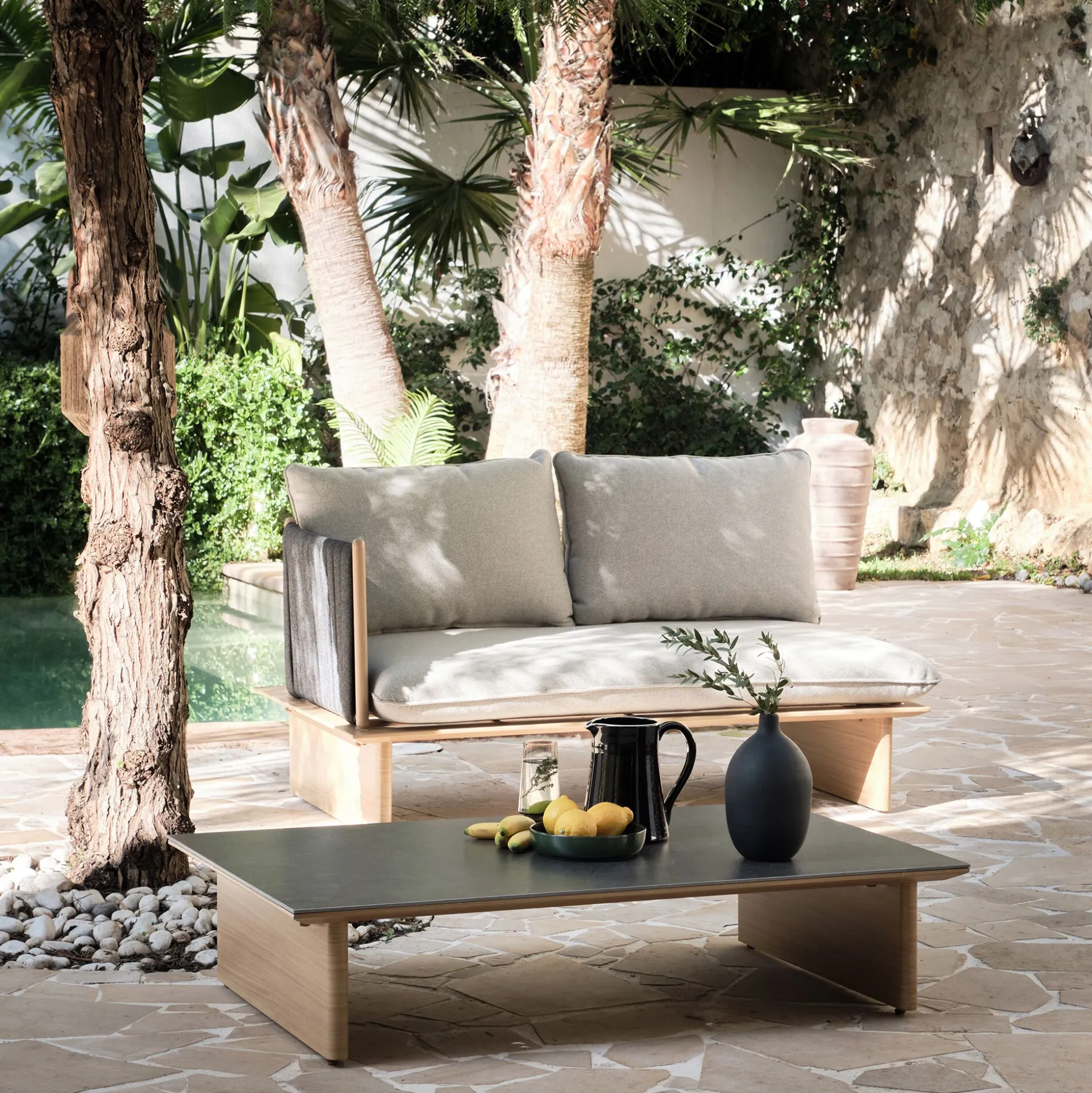 Canapé de jardin en aluminium effet teck et corde - gris (2 places)