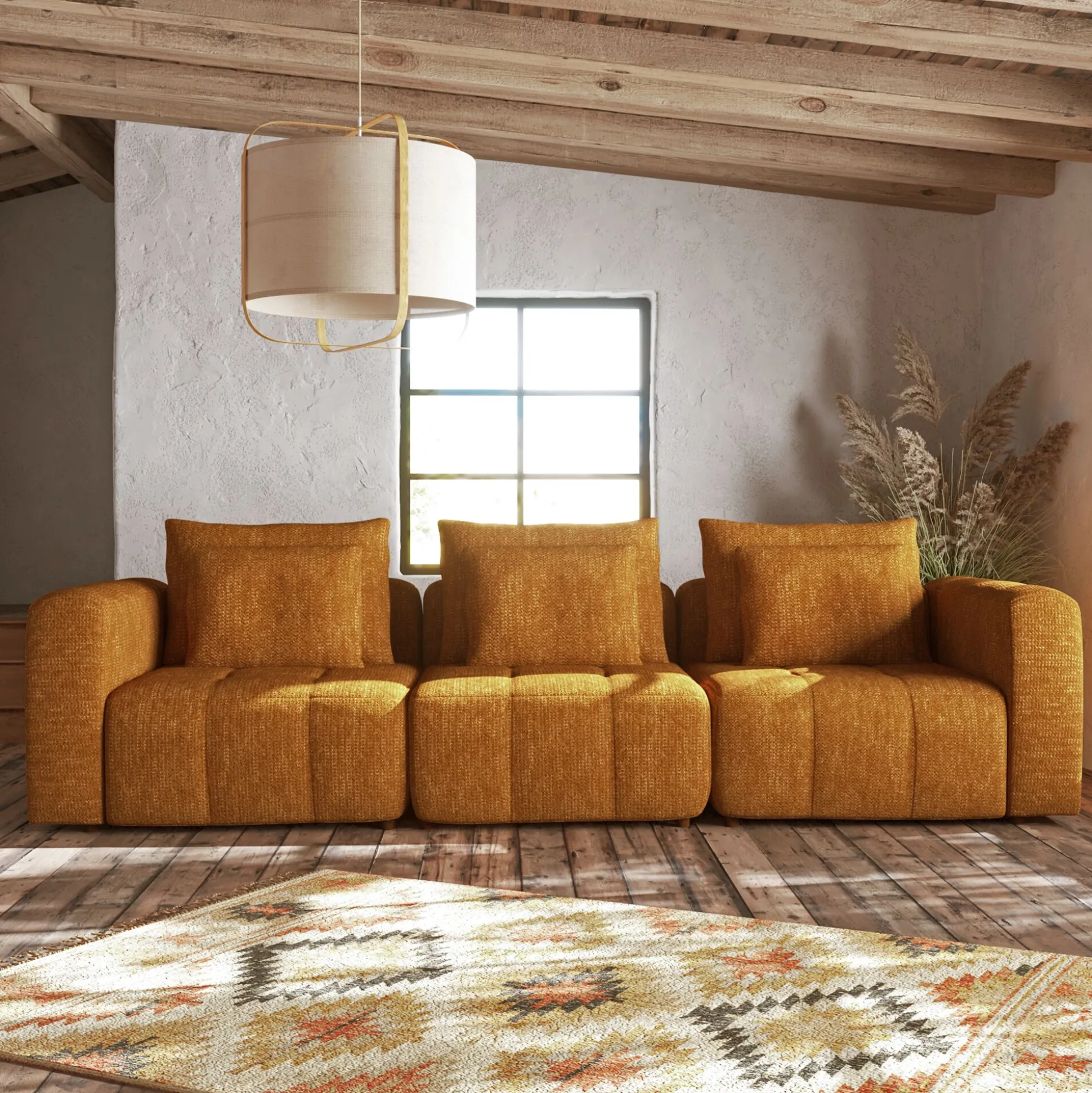 Canapé droit modulable en tissu Benjo - jaune argan