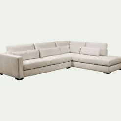 Canapé grand angle droit fixe avec méridienne en tissu tramé - beige