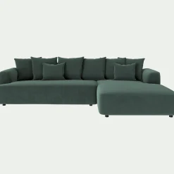 Canapé grand angle droit fixe en tissu velours - vert sauge