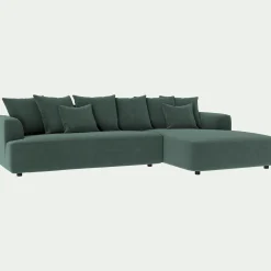 Canapé grand angle droit fixe en tissu velours - vert sauge
