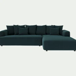 Canapé grand angle droit fixe en tissu velours - bleu foncé
