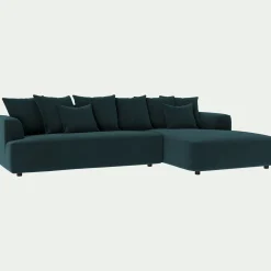 Canapé grand angle droit fixe en tissu velours - bleu foncé