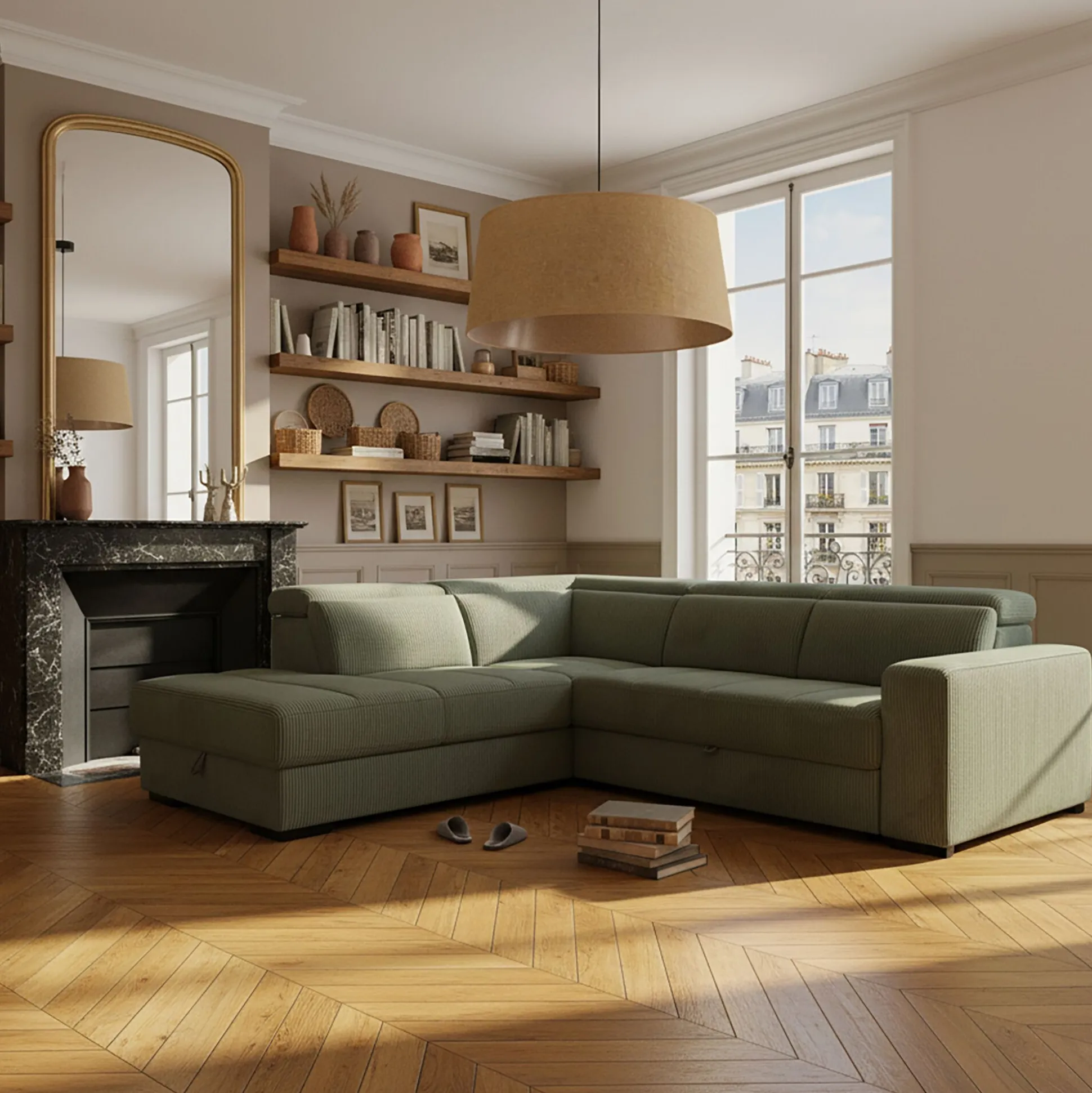 Canapé grand angle gauche convertible en tissu Castello - vert cèdre