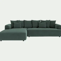Canapé grand angle gauche fixe en tissu velours - vert sauge