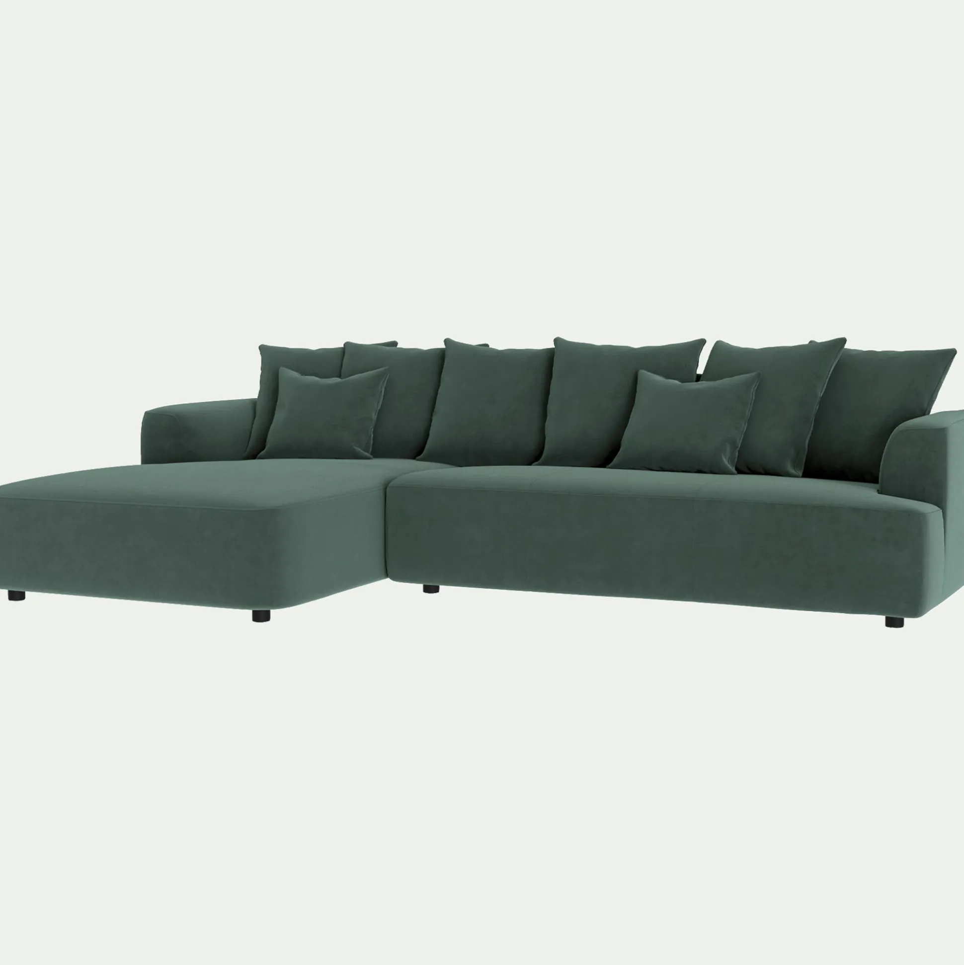 Canapé grand angle gauche fixe en tissu velours - vert sauge