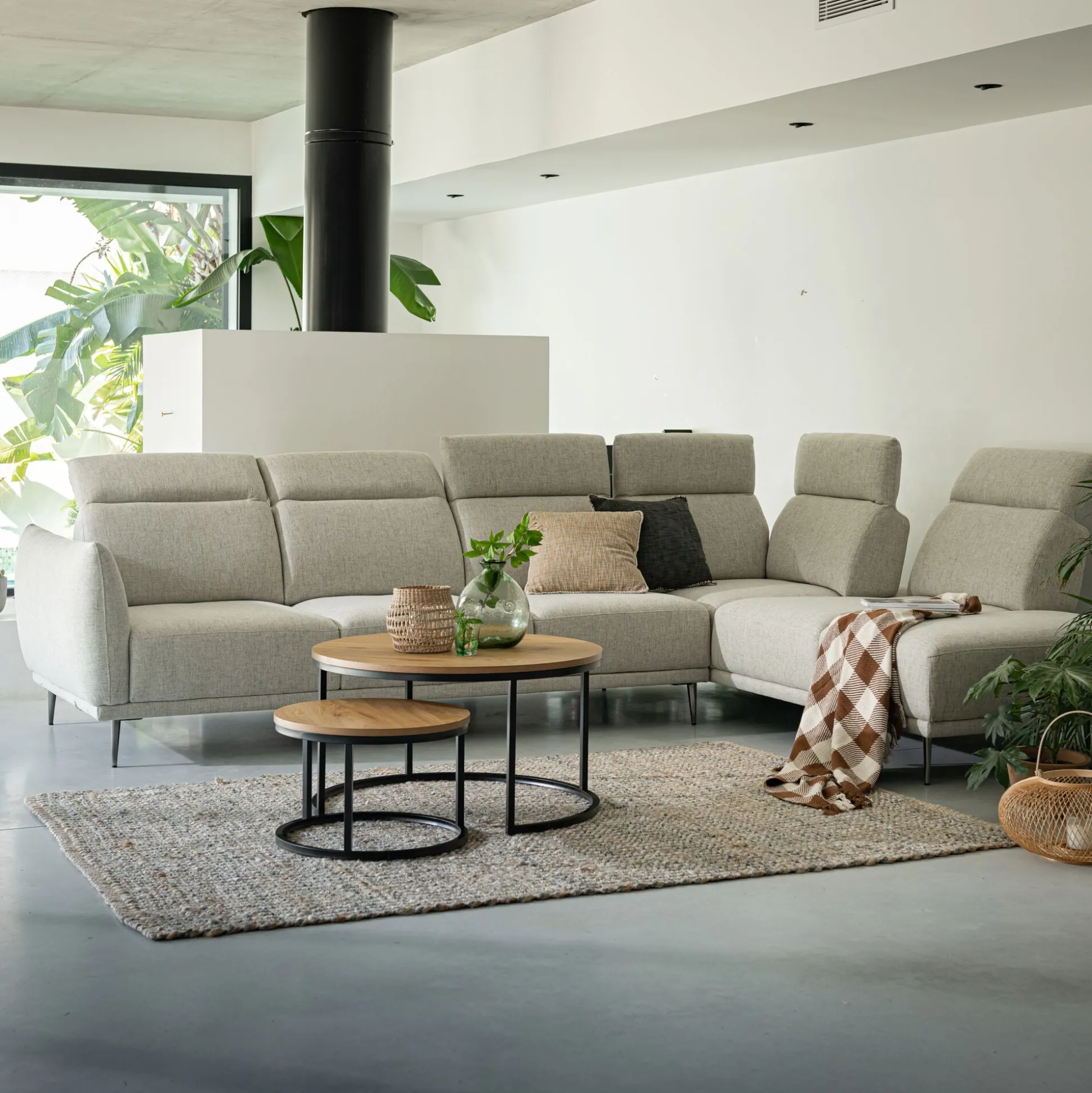 Canapé grand d'angle droit en tissu avec fonction avance-recul - beige roucas