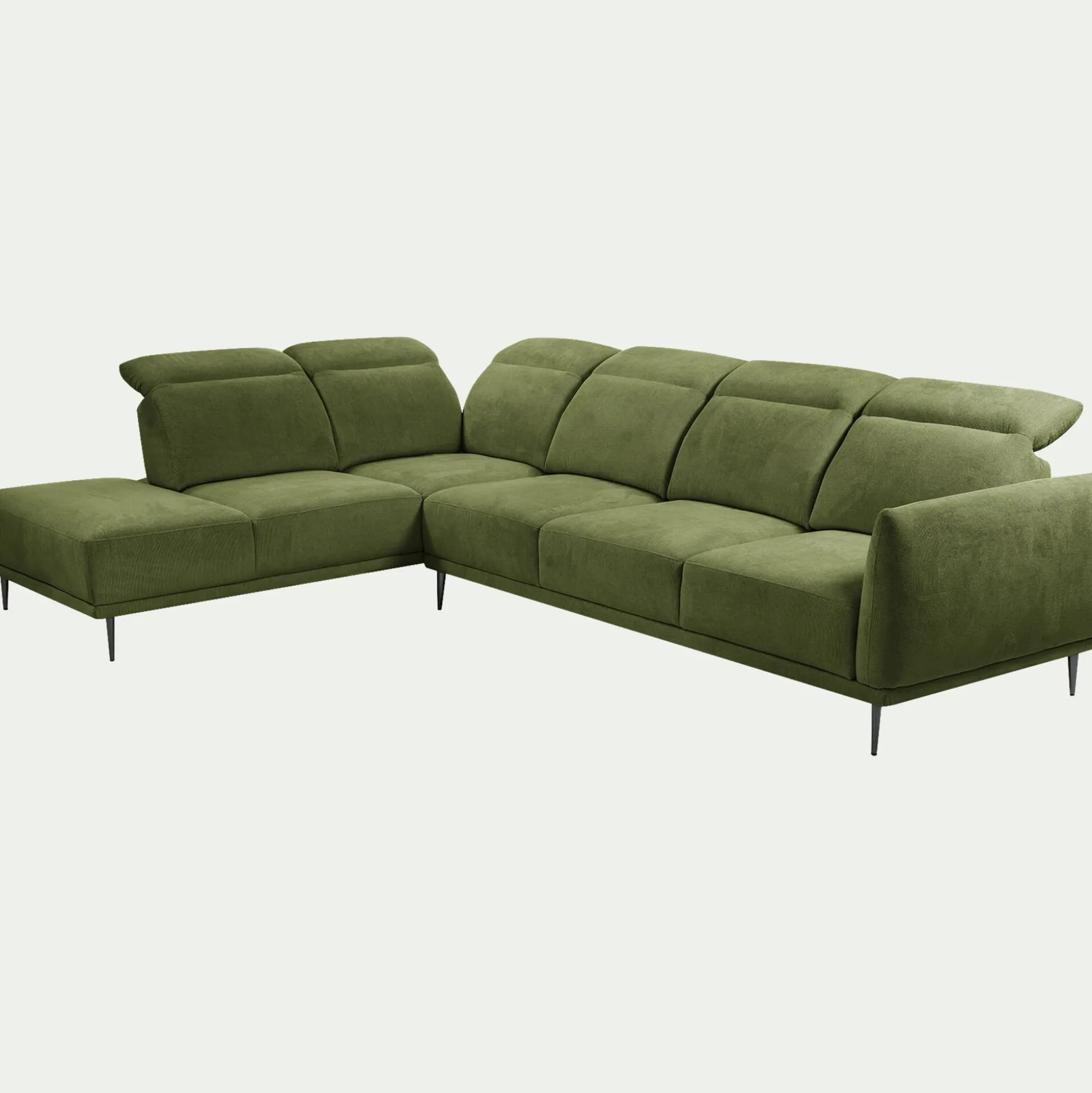 Canapé grand d'angle gauche en tissu memphis avec fonction avance-recul - vert cèdre