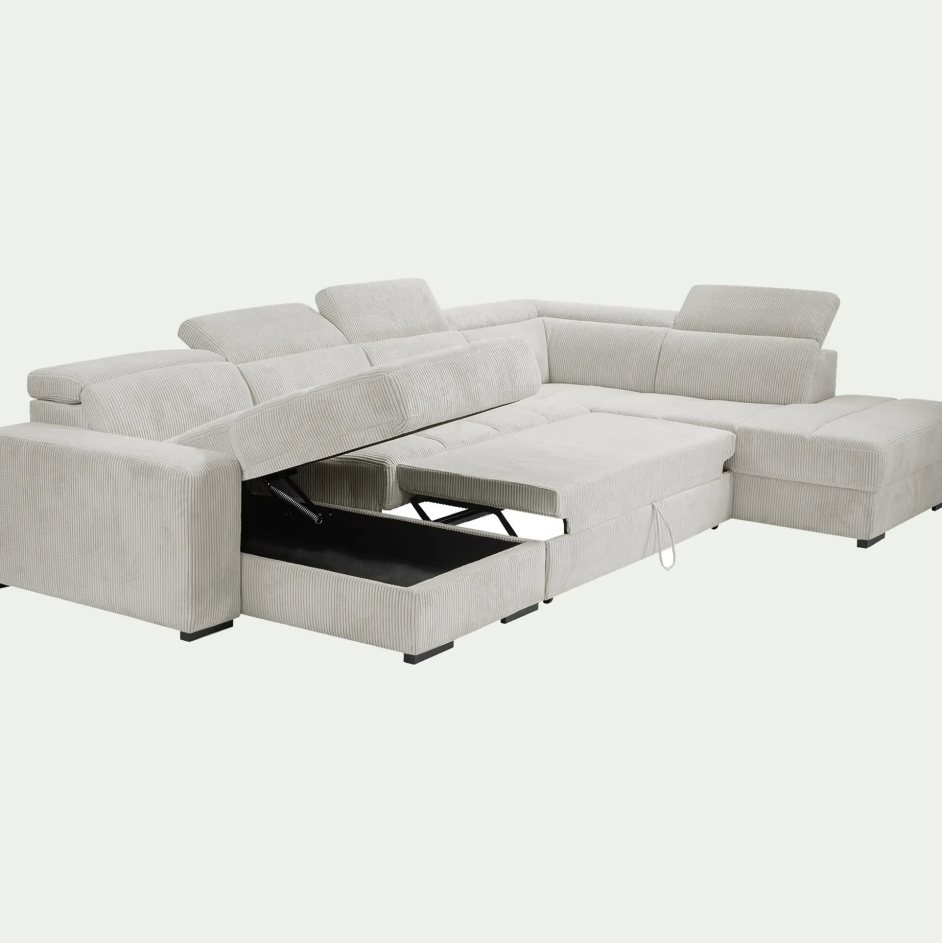 Canapé panoramique convertible avec méridienne droite en tissu castello - beige roucas