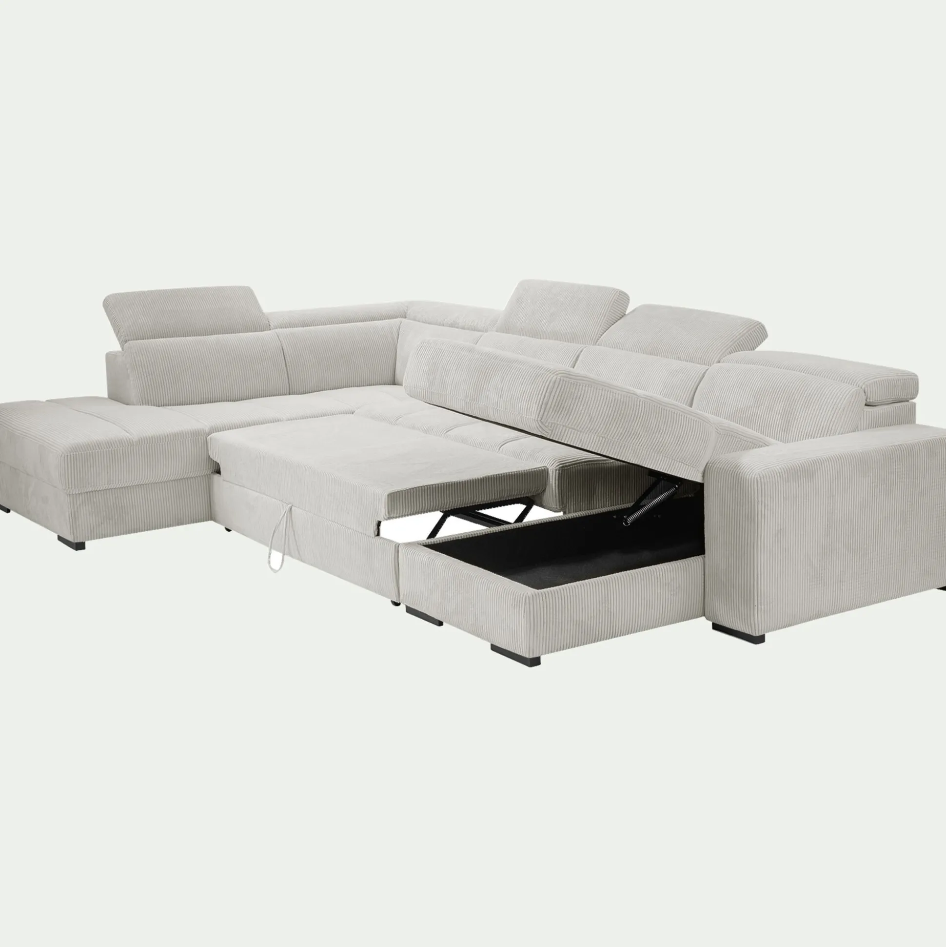Canapé panoramique convertible avec méridienne gauche en tissu castello - beige roucas