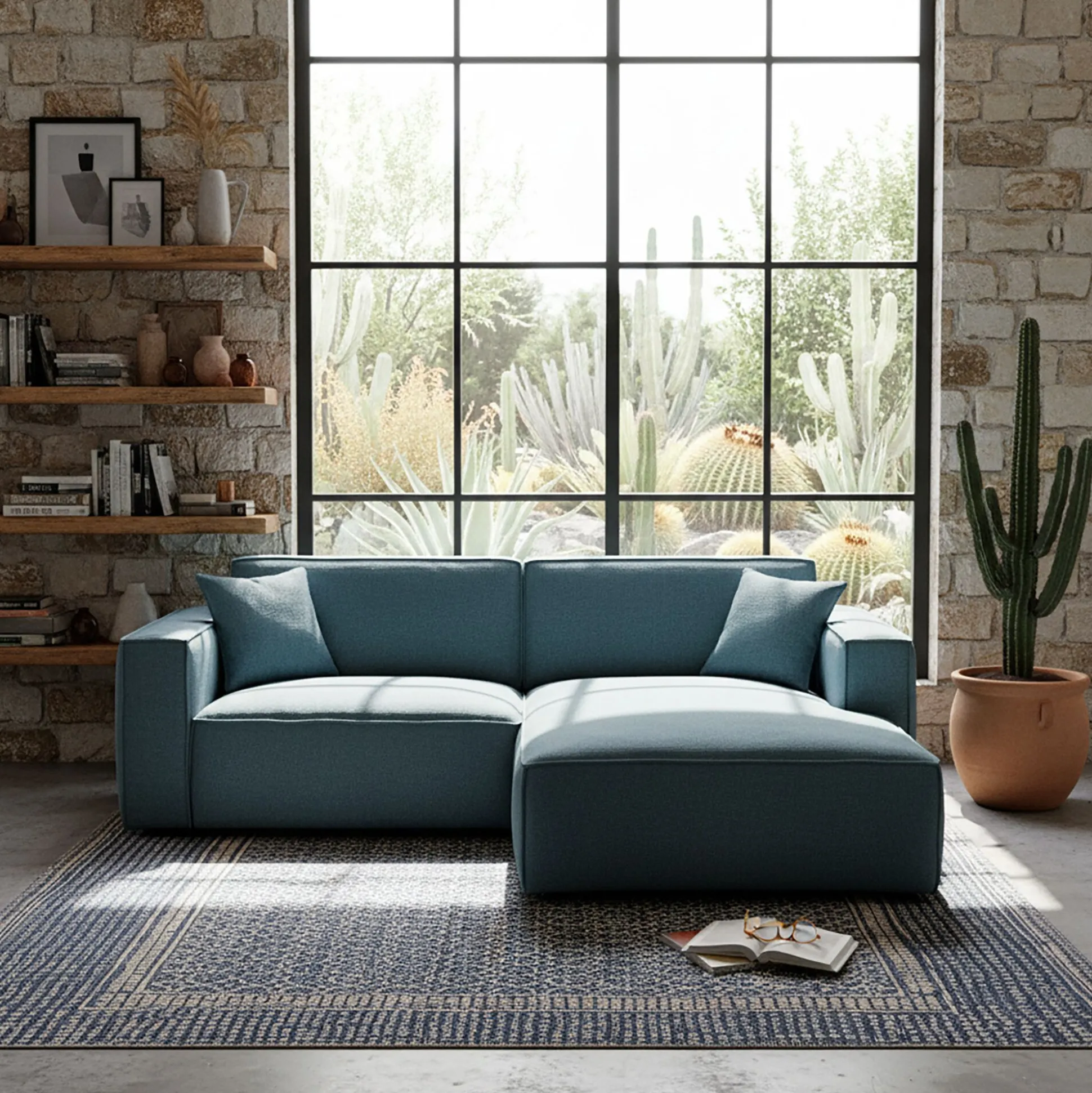 Canapé petit angle droit fixe en tissu genesis - bleu