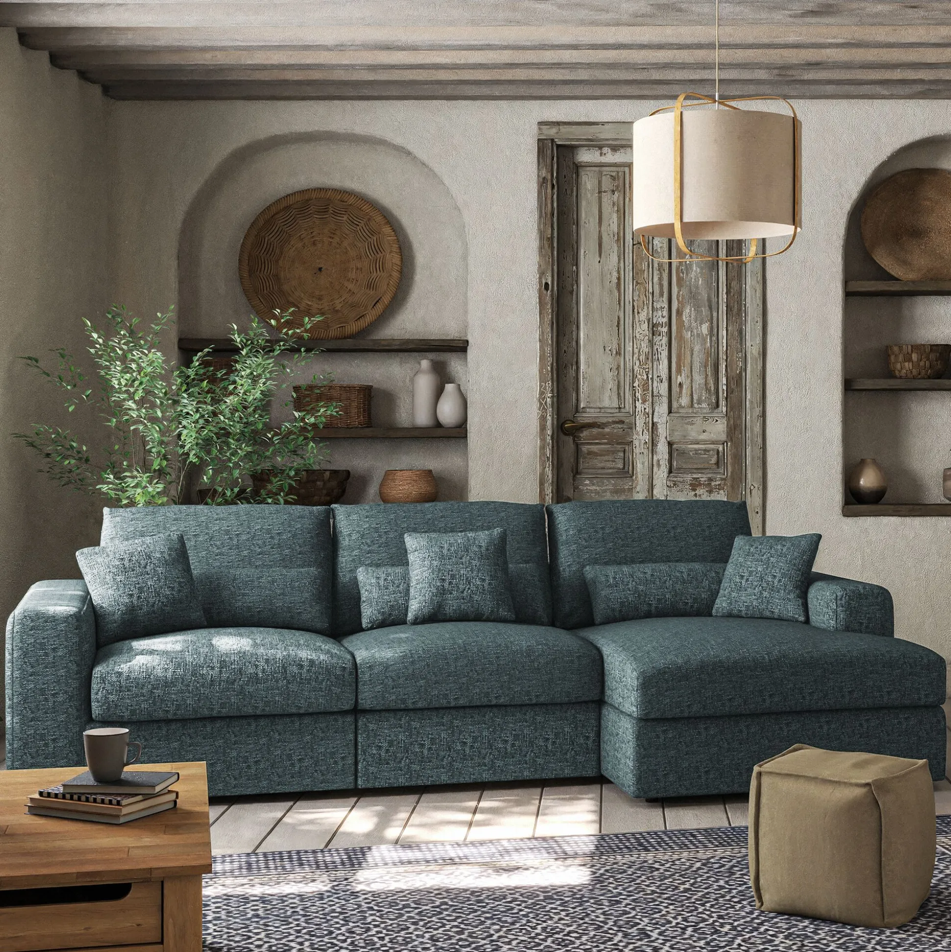 Canapé petit angle droit fixe en tissu chenille benjo - bleu calaluna