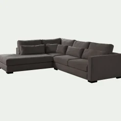 Canapé petit angle gauche fixe avec méridienne en tissu doux - gris anthracite
