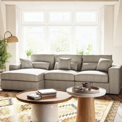 Canapé petit angle gauche fixe en tissu chenille benjo - beige roucas