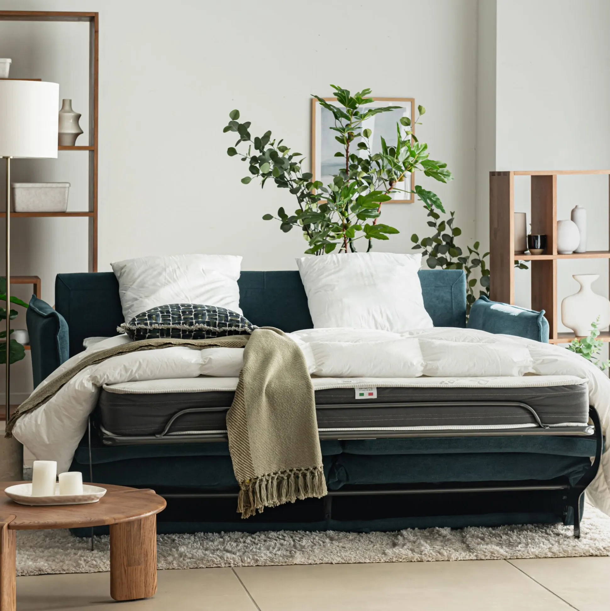 Canapé 4 places convertible en tissu avec matelas densité 35kg/m3 - bleu