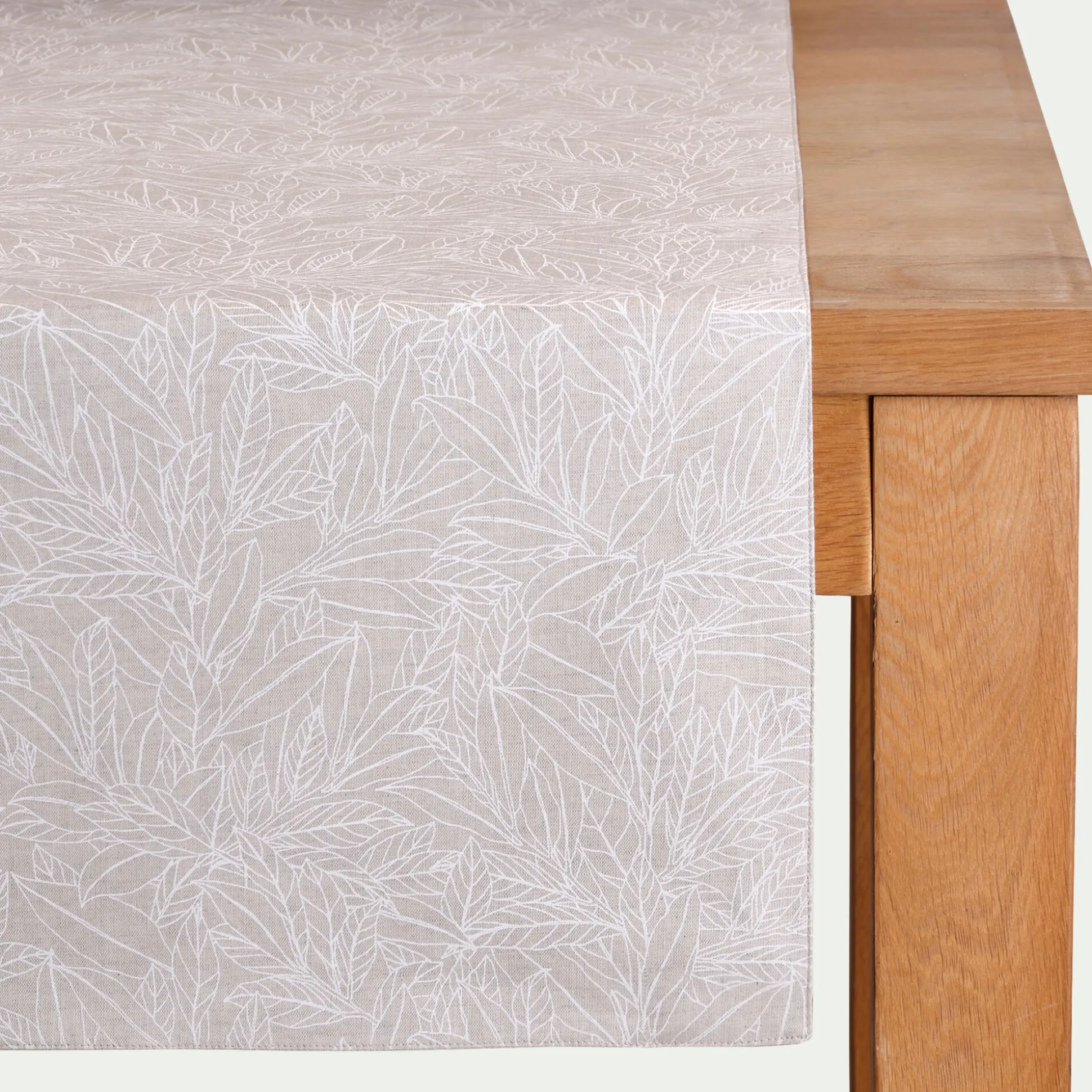 Chemin de table motif laurier en lin et coton - beige 50x150cm