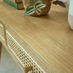 Coiffeuse 2 tiroirs en chêne et rotin - bois clair
